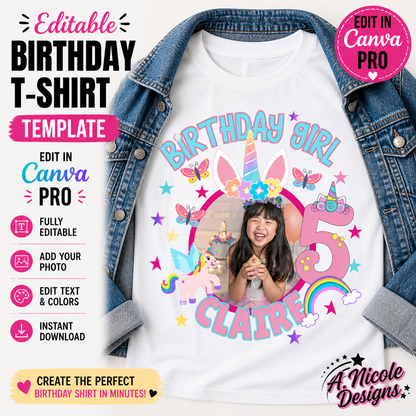 Unicorn Princess Editable Birthday T-Shirt Template
