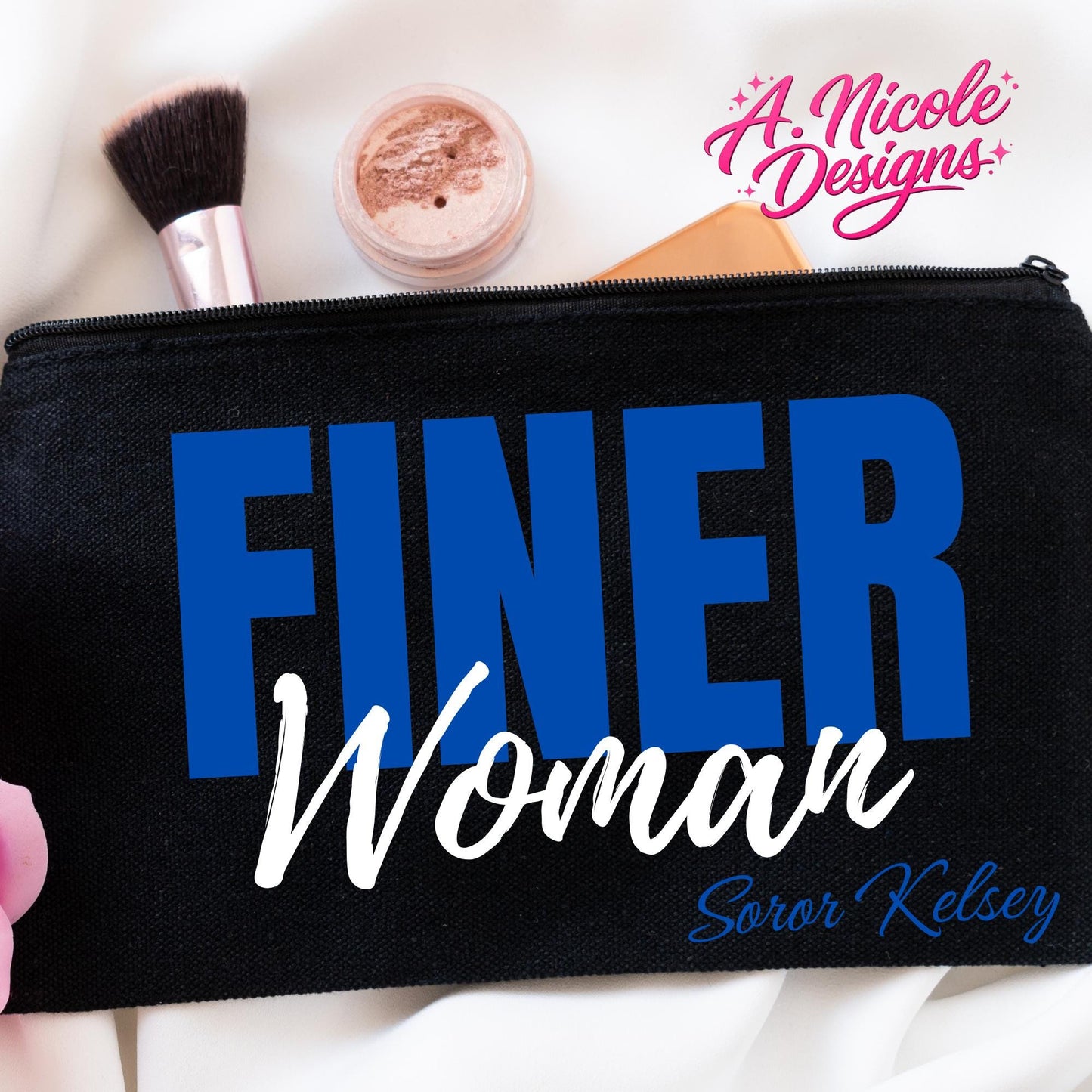 Personalized Makeup Bag: "Finer Woman" Sorority Cosmetic Pouch