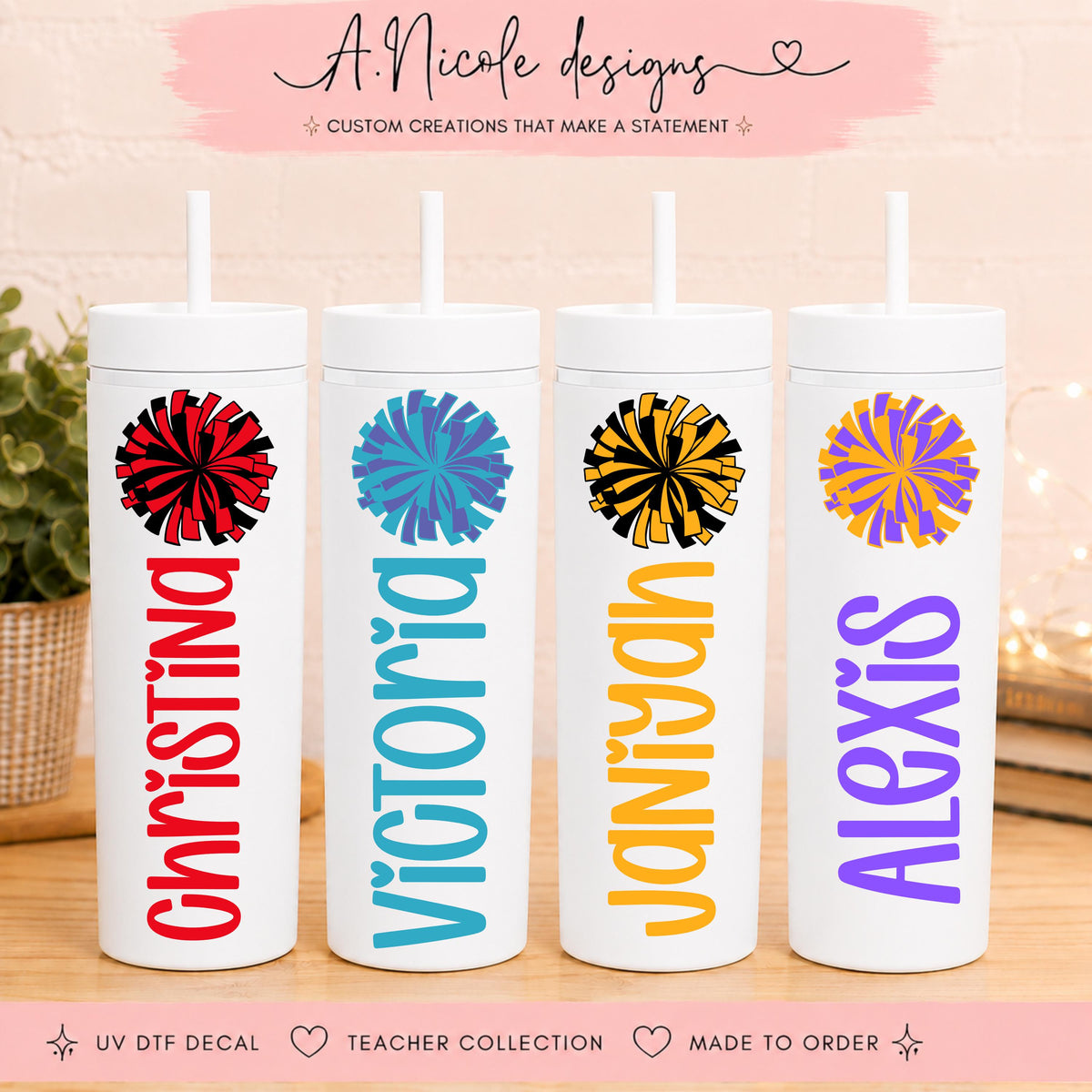 Personalized Cheerleader Tumbler with Straw | Custom Cheer Name Cup Gift