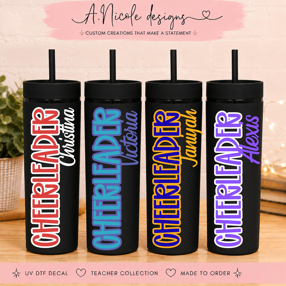 Personalized Cheerleader Tumbler with Straw | Custom Cheer Name Cup Gift