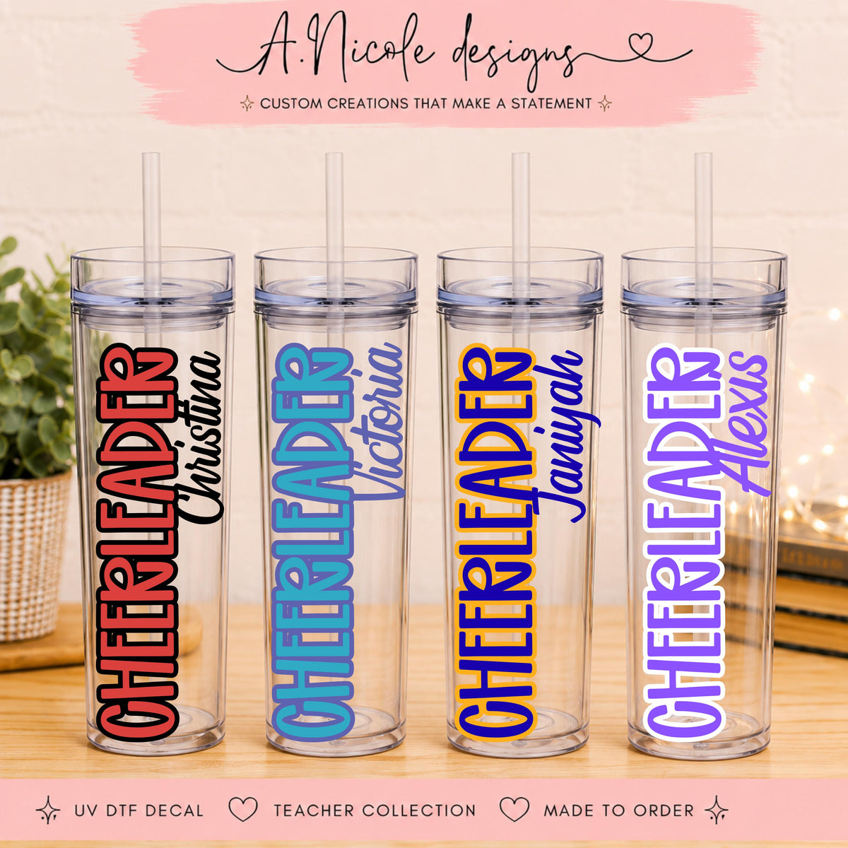 Personalized Cheerleader Tumbler with Straw | Custom Cheer Name Cup Gift