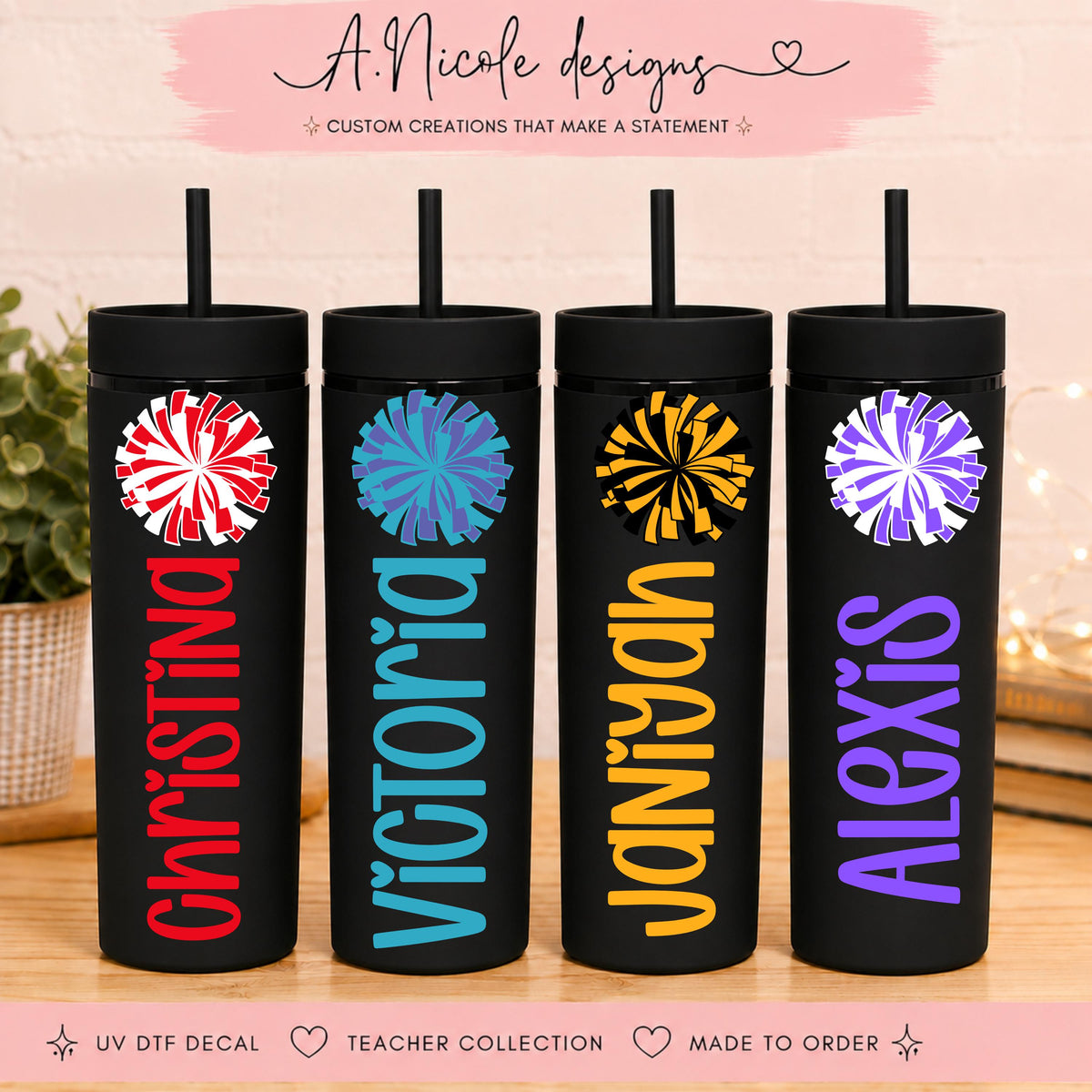 Personalized Cheerleader Tumbler with Straw | Custom Cheer Name Cup Gift