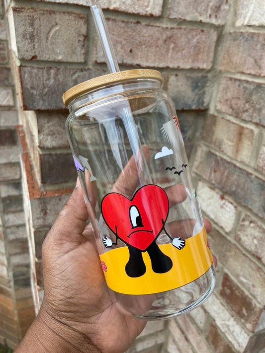 Bad Bunny Glass cup with Bamboo Lid and Straw