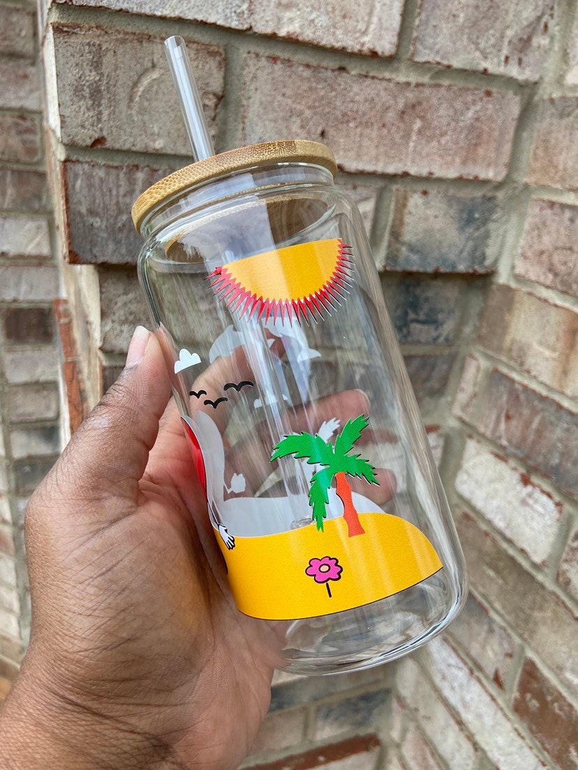 Bad Bunny Glass cup with Bamboo Lid and Straw