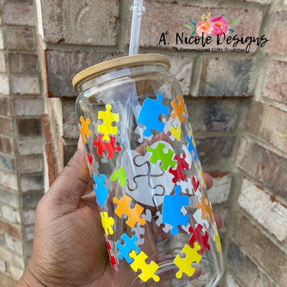 Autism Awareness Glass cup with Bamboo Lid and Straw