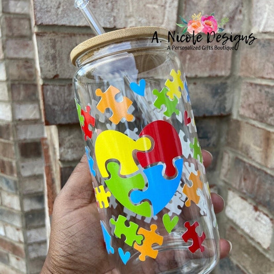 Autism Awareness Glass cup with Bamboo Lid and Straw