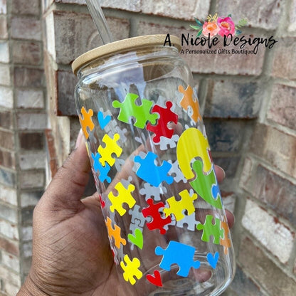 Autism Awareness Glass cup with Bamboo Lid and Straw