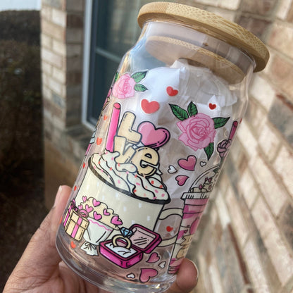 Valentine Drinks Glass cup with Bamboo Lid and Straw