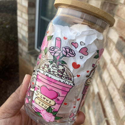 Valentine Drinks Glass cup with Bamboo Lid and Straw