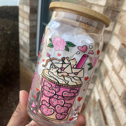 Valentine Drinks Glass cup with Bamboo Lid and Straw