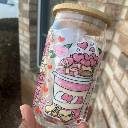 Valentine Drinks Glass cup with Bamboo Lid and Straw