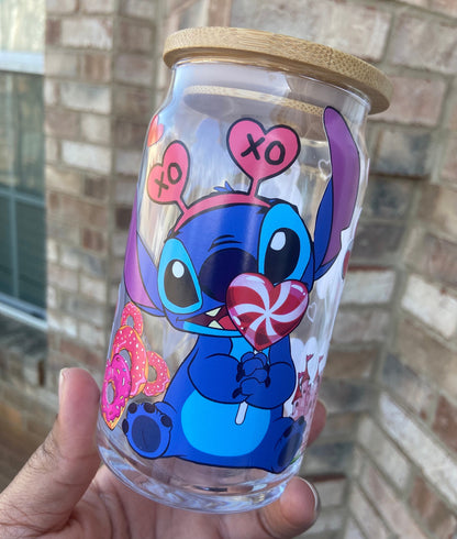 Blue Alien Valentine Drinks Glass cup with Bamboo Lid and Straw